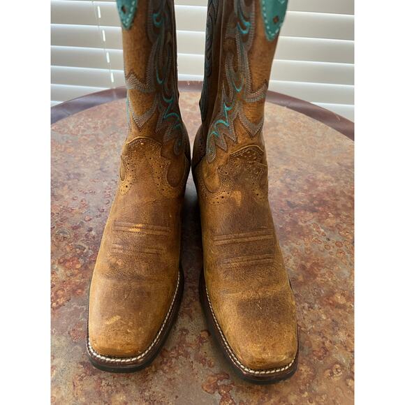 Justin Sevana Tan Western Cowboy Turquoise Brown Leather Boots - Picture 5 of 9